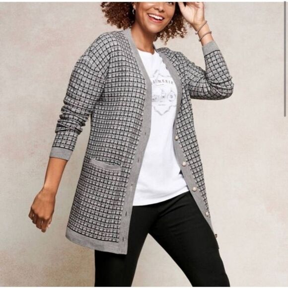 Talbots Pure Merino Wool Tweed‎ Plaid Longline Cardigan Sweater sz Small - Picture 4 of 4